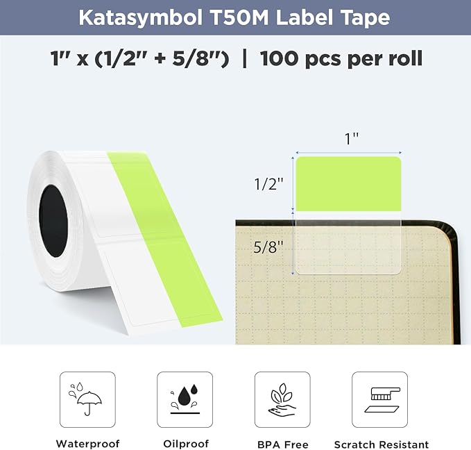 SUPVAN T50M Series Label Maker Thermal File Label, 0.98'' × 0.51'' + 0.59'' (25 × 13 + 15 mm) 100 PCS/Roll Genuine Laminated Waterproof Oilproof Adhesive Auto Detect Labels, Black on Green
