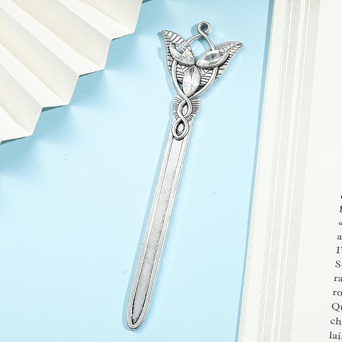 Fantasy Metal Bookmarks with Elvish Leaf, Sword Charm & Evenstar Engraving, Epic Quotes Carved Jewelry for Book Lovers, Dark Academia Gifts for Readers (Silver 1944)