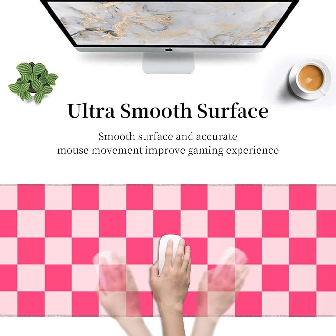 Pink Checkered Cute Gaming Mouse Pad, Large Mouse Pad for Desk Mat XXL XL Mousepad, Big Keyboard Pad Office Desk Accessories Decor