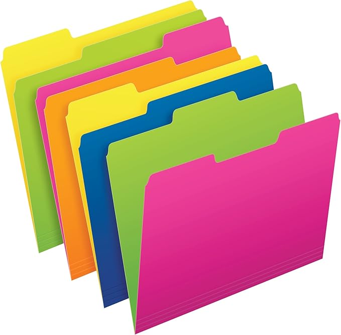 Pendaflex File Folders, 24-Pack, Letter Size, Neon Glow Reversible Colors, Twisted Twin Tabs, Assorted Vibrant Hues for Home Office Organization and School Subject Filing, Reinforced Paper Quality