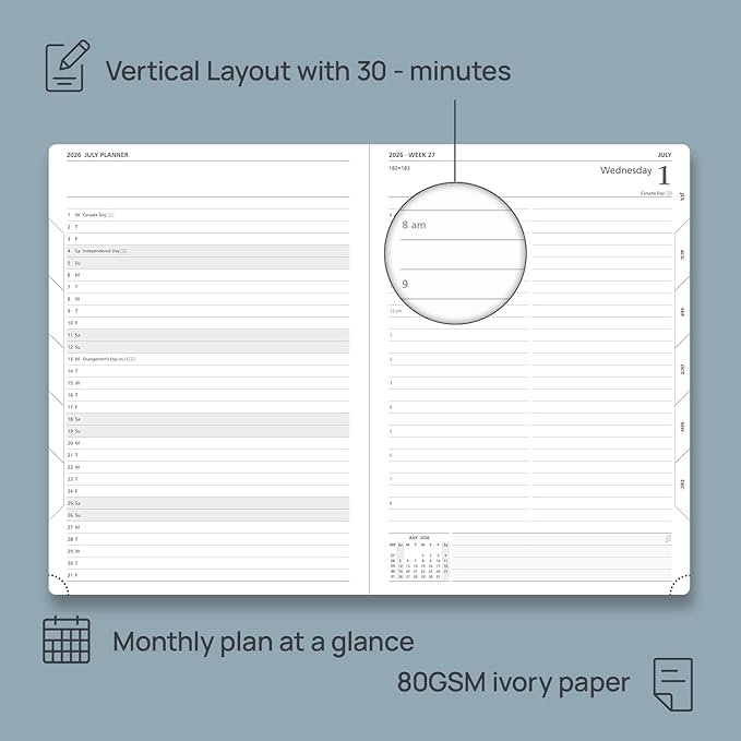 POPRUN 2026 Daily Planner One Page Per Day Even Weekends A4 Large Size (8.5" x 12") - 12 Months Calendar Hourly Appointment Book with Inner Pocket, Pen Holder, Hardcover - Light Yellow