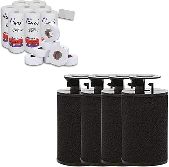 Perco Monarch Ink Roll for Monarch 1131 & 1136 Price Labelers (Pack of 4) Bundle with Perco White Pricing Labels 1136 Price - 8 Sleeve, 160,000 Gun Labels