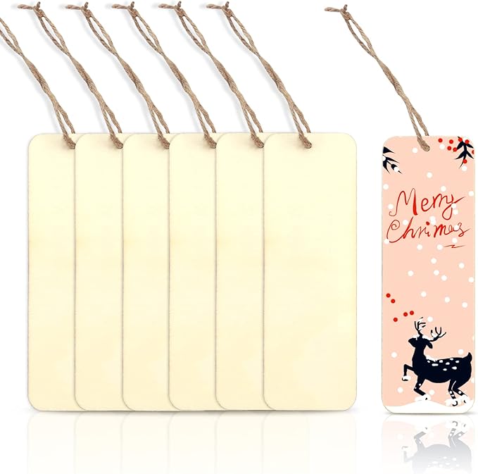 100 Sets 6 x 2 Inch Large Size Wooden Bookmarks with Hole and Ropes, Unfinished Wood Bookmark Blanks Rectangle Blank Bookmark for DIY Crafts, Painting, Wedding, Birthday Party Decors