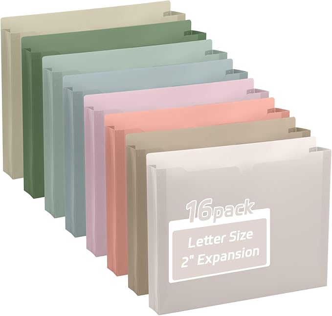 gisgfim 16 Pack Plastic File Jackets Letter Size, 2 inch Expanding File Pockets Reinforced Heavy Duty File Folder Jackets for Office, School Document Organizer (Morandi)