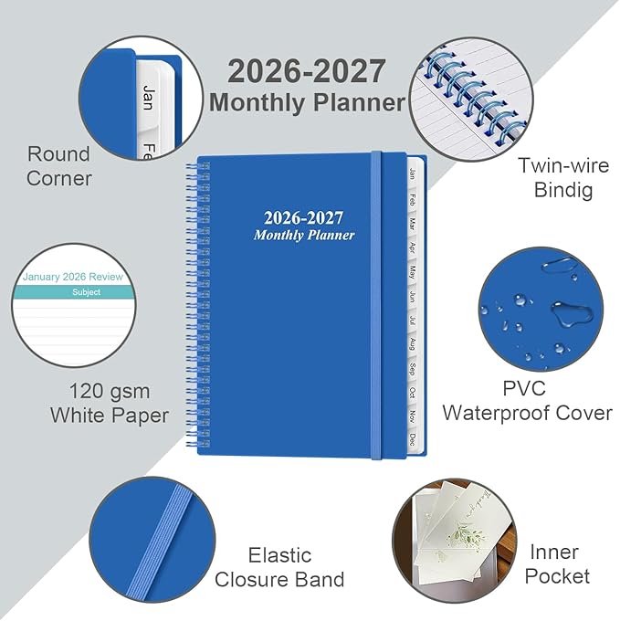2026-2027 Monthly Planner - 18 Monthly Calendar, January 2026 - June 2027, Two Pages Per Month, 9" x11" Planner with Tabs, Strong Twin-Wire Binding, Inner Pocket, Teal