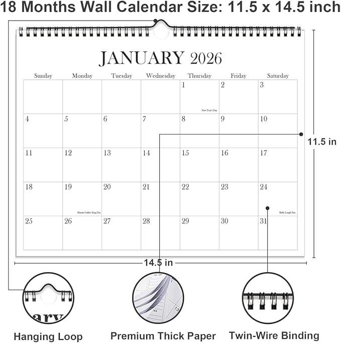 Calendar 2026-2027 - Wall Calendar from January 2026 to June 2027, 2026 Wall Hanging Calendar Planner with Thick Paper, 12" x 14.5", Black