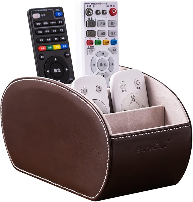 PU Leather Multi-Functional Office Organizar Box Remote Control Holder Desk Storage Suppliers Caddy Table with 5 Compartment Store TV Remote, Brush, Pencil, Glasses, Media Player (Dark Brown)