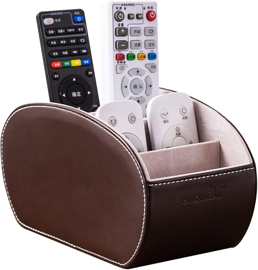 PU Leather Multi-Functional Office Organizar Box Remote Control Holder Desk Storage Suppliers Caddy Table with 5 Compartment Store TV Remote, Brush, Pencil, Glasses, Media Player (Dark Brown)