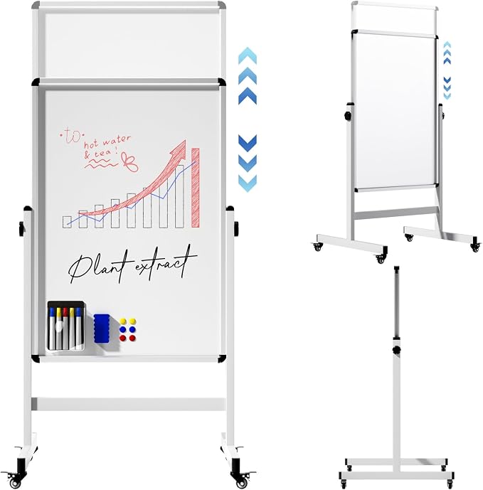 Mobile Dry Erase Board on Wheels, 48 x 28 Magnetic Double Sided Whiteboard Easel, Large Reversible Rolling White Board with Aluminum Frame Standing for Office, Home, Classroom