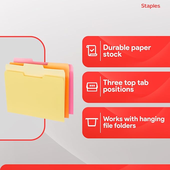 Staples File Folders, Letter Size, 1/3‑Cut Tabs, Assorted Colors, Durable 10.5‑Point Paper Stock, 100/Pack
