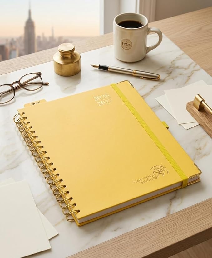 POPRUN 2026-2027 Monthly Planner, 18 Month Calendar (July 2026-Dec 2027), 7.5" x 9.5" B5 Spiral Hardcover Organizer with Dotted Note Pages, Professional Appointment Book for Business Office, Students & Teachers - Light Yellow