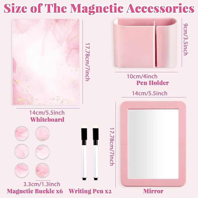 11 Pcs School Lockers Magnetic Decor Locker Accessories Kit with Magnetic Pink Marble Print Whiteboard Mirror Pen Holder Buckles Lockers Organizer Decorations Locker Essentials Back to School Supplies