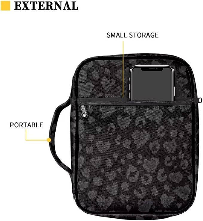 Coldinair Black Gray Leopard Print Bible Cover Case for Women Men,Carrying Book Cover Bible Holders with Handle and Zippered Pocket,Fits for Standard/Large Size Bible