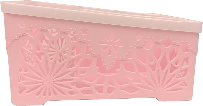 Pink Bow 4 Compartment Plastic Storage Caddy, Hollow Lace Divided Vanity Organizer Bin, Cute Pastel Pink Desktop Basket for Cosmetics Stationery Small Accessories (Bowknot B)