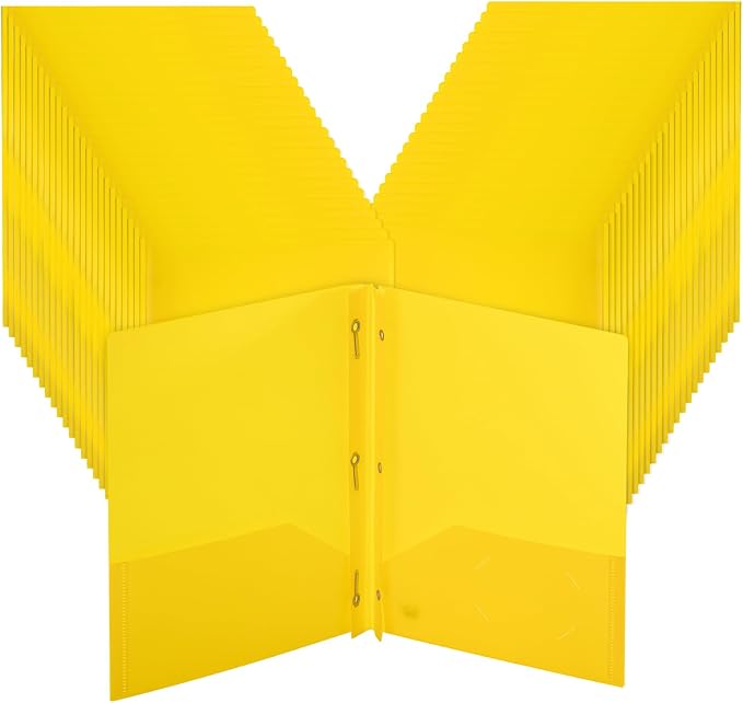 Mr. Pen- Plastic Folders with Pockets and Prongs, 48 Pack, Letter Size, Yellow, Flexible Plastic Folders with Prongs and Card Slot