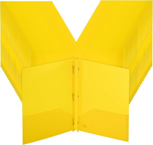 Mr. Pen- Plastic Folders with Pockets and Prongs, 48 Pack, Letter Size, Yellow, Flexible Plastic Folders with Prongs and Card Slot
