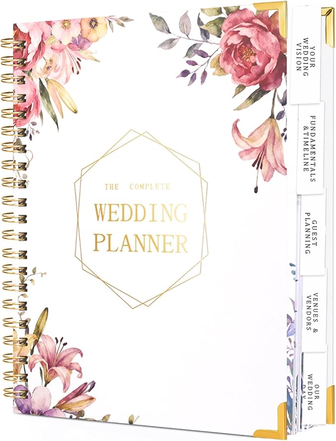Spiral Wedding Planner Niotebook with Countdown Calendar, Beautiful Boho Wedding Planner Book and Organizer with Guiding Tab, Bridal Planning Binder (Peony)