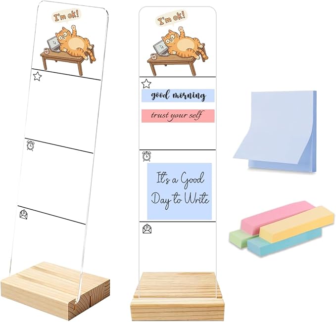 Sticky Notes Monitor Memo Board Acrylic Holder with Removable Wooden Base, Cute Cat I'm Ok Logo Desk Set with 200 Sheets Two Sizes Sticky Notes, Office Desk Accessories Organizer