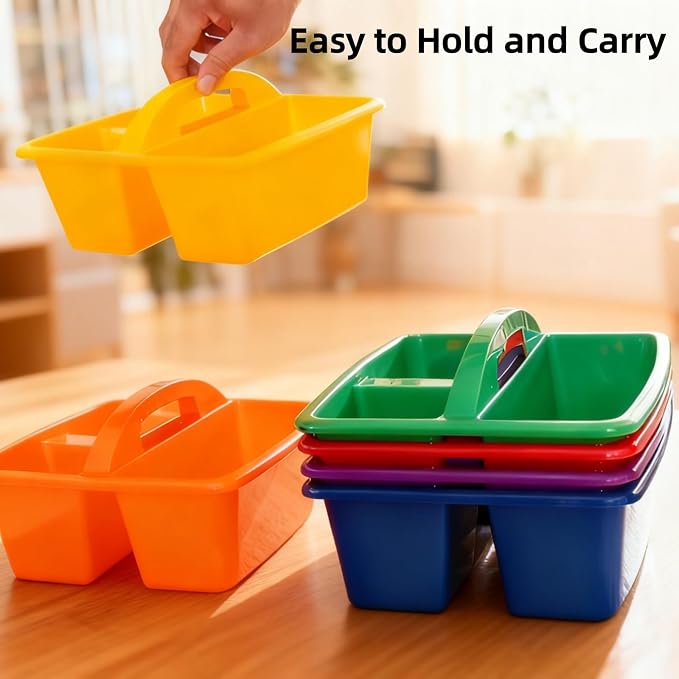 6 Pack Classroom Caddy with Handle, Plastic Storage Caddy Organizer with 3 Compartments, Desk Caddies Portable Storage Bin for Pencil, Crayon, Marker, Home, Office, Classroom Supply, Rainbow Colors