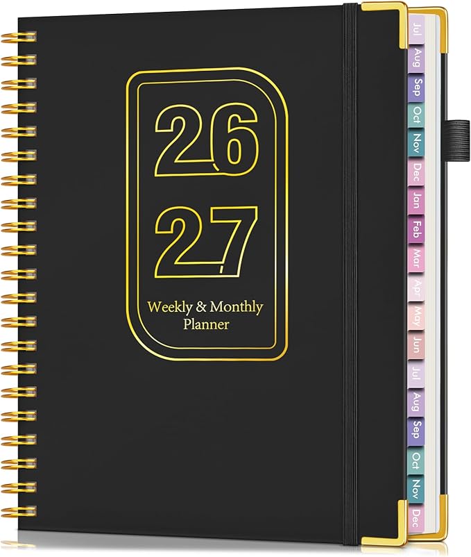Academic Planner 2026-2027, 18 Months Weekly and Monthly Hardcover Planner, July 2026 - December 2027, 8.5" x 11" A4 Large Daily Calendar Planner Book with Tabs, Spiral College School Agenda Organizer for Student Teacher, Black