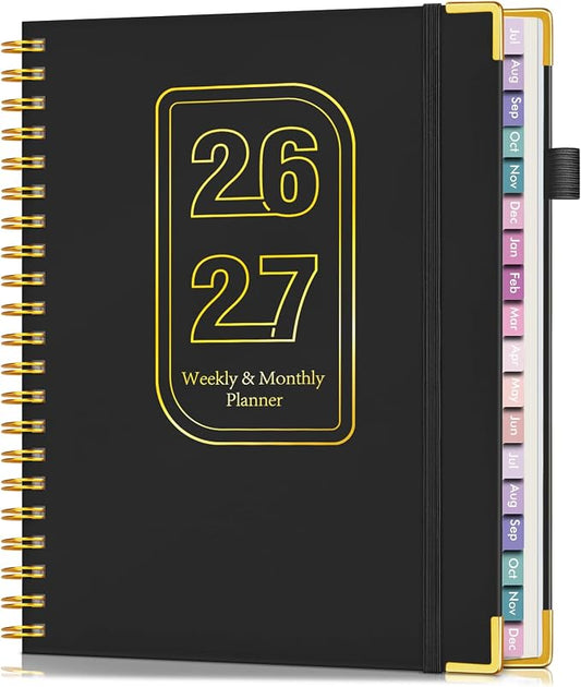 Academic Planner 2026-2027, 18 Months Weekly and Monthly Hardcover Planner, July 2026 - December 2027, 8.5" x 11" A4 Large Daily Calendar Planner Book with Tabs, Spiral College School Agenda Organizer for Student Teacher, Black