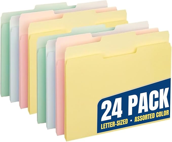 1InTheOffice Colored File Folders Letter Size, Top-Tab File Folders, 3 Tab, 5 Assorted Pastel, 24/Pack