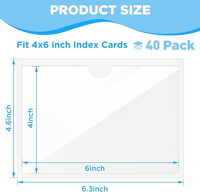 40 Pack Clear Self-Adhesive Pockets, 4" x 6" Index Card Pockets With Top Open Loading, PVC Label Holders for Organizing storage bins, Library Card, Drawer, and Protecting Your Cards