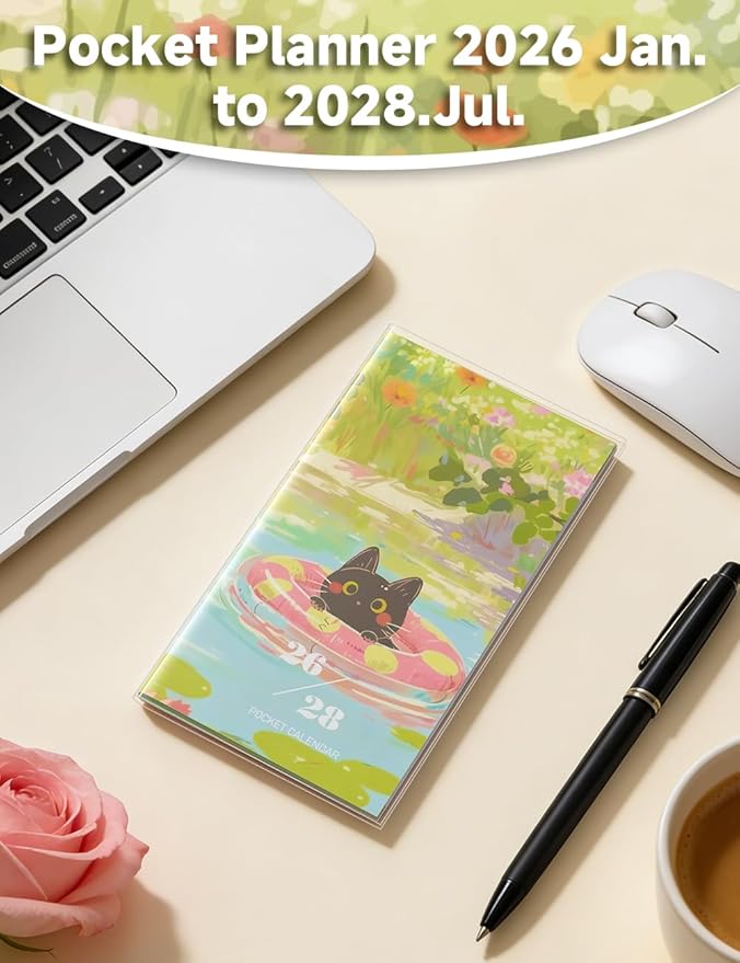 Pocket Calendar 2026-2028 Animal Series, Monthly Planner Jan 2026 to Jul 2028 (3.7" x 6.7") Perfect Purse Calendar, Pocket Agenda with Protective Plastic Sleeve- Float Cat