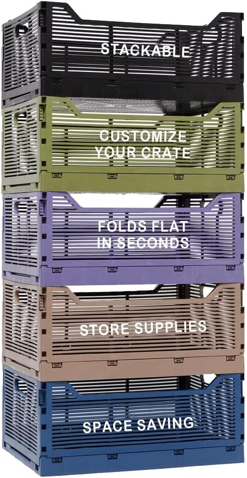 OnDisplay Stackable Folding Desk/Beauty/Closet Storage Crate - Foldable Space Saving Bins for Home Kitchen Classroom Office Vanity Bathroom Pantry (Single Large - With Letters, Gray)