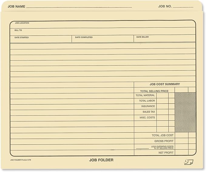 NextDayLabels - Job Folders Manila File Jacket 10” x 12” – Heavy Duty - Preprinted to Track Job Progress, Calculating Cost, and Customer Correspondences - 50 Folders