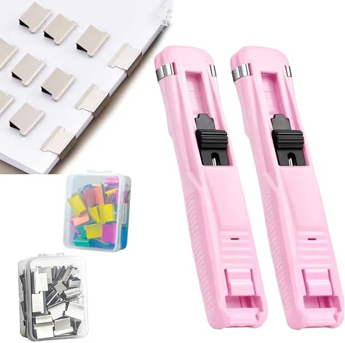 Portable Binder Clip Stapler - Includes 50 Reusable Clips Desktop Push Stapler Binder Clip Paper Clamps Handheld Reusable Push Paper Dispenser for Document School Office (2PCS C)