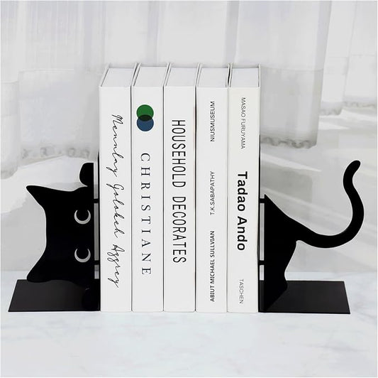 Book Ends Decorative,ENCIMART Book Ends,Metal Bookends,Book Holders for Shelves,Office Decorative Bookends,1.5mm Thickened Book Ends,Bedroom Library Office School Book Desktop Organizer Gift（Cat）