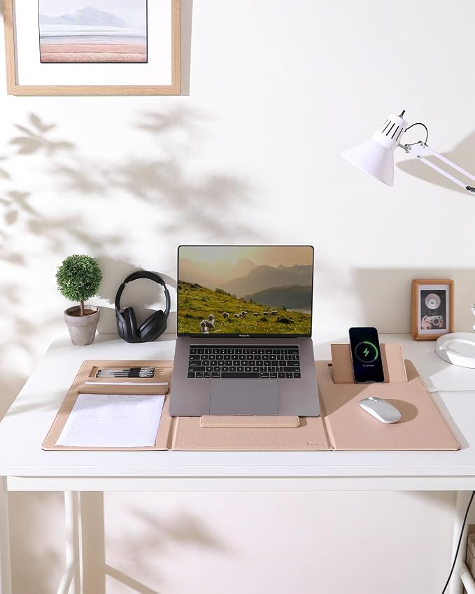 4-in-1 Laptop Stand for Desk Built-in Wireless Charging Pad, 15W, Qi-Certified, PU Leather Wireless Charging Mouse Pad, Laptop Holder on Top of Desks for Office