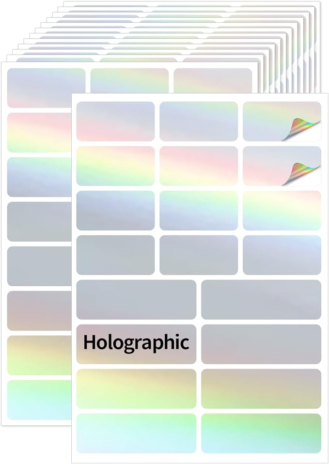 Holographic Label Stickers Writable Holographic Silver Gift Labels, Matte-Self Adhesive Silver Labels Stickers for Essential Oil Bottle, Jars, Food Storage or Gift Decoration (2 Size, 300 Sheet)