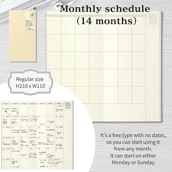 Traveler's Notebook Refill Set – 017 Monthly + 019 Weekly Memo + Bonus Random Washi Tape (3 Roll) – Undated Planner Inserts, Journal Gift Idea