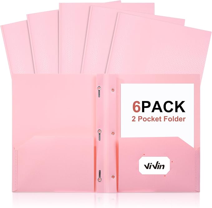 ViVin Sturdy Plastic Folder with Pockets,6 Pack,Heavy Duty Two Pocket 3 Prong Folders,Holds Letter Size Paper,File Folders with Business Card Slot for School Home and Office(Pink)