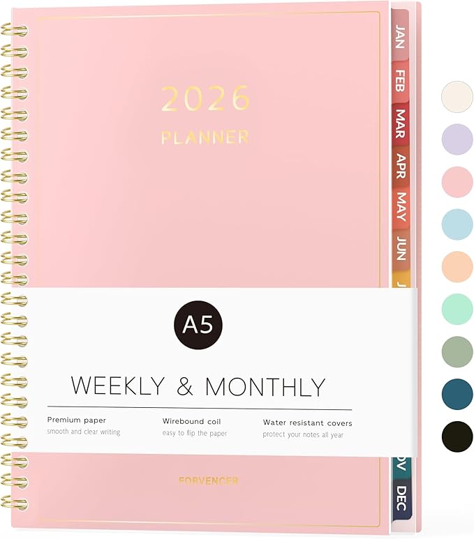 2026 Planner, Forvencer Calendar Planner Weekly and Monthly (Jan 2026-Dec 2026), 6" X 8", Agenda Book, Daily Journal Notebook with Tabs, Flexible Cover, Home School Organizer, A5, Pink