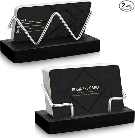 Amyhill 2 Pieces Wood Business Card Holder for Desk Wooden Business Card Display Stand Postcard Holder for Office Home Desktop (Black, Silver)