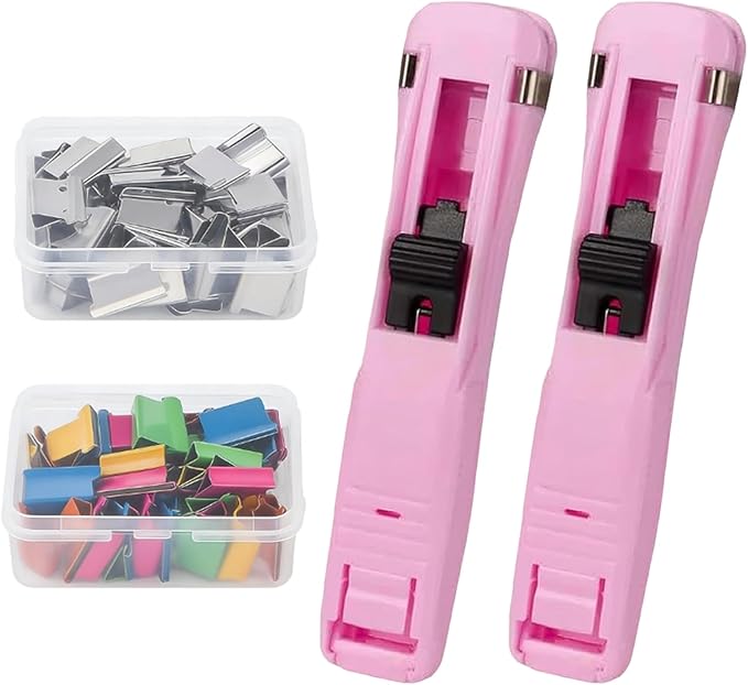 Portable Binder Clip Stapler - Includes 100 Reusable Clips, Compact No-Hole Binding Refillable Handheld Design, Portable Binder Clip Stapler for Office School Home Document Organization (Pink*2)