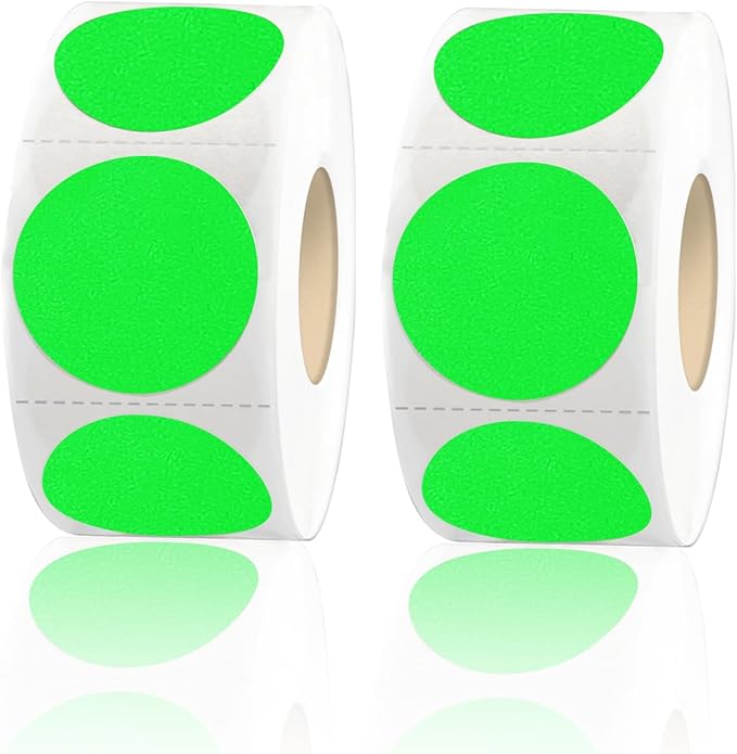 STARLIBOO Fluorescent Green Dot Stickers,1 inch Round Color Coding Circle Dot Labels, 1600pcs Permanent Adhesive Circle Garage Sale Sticker (2 Rolls)