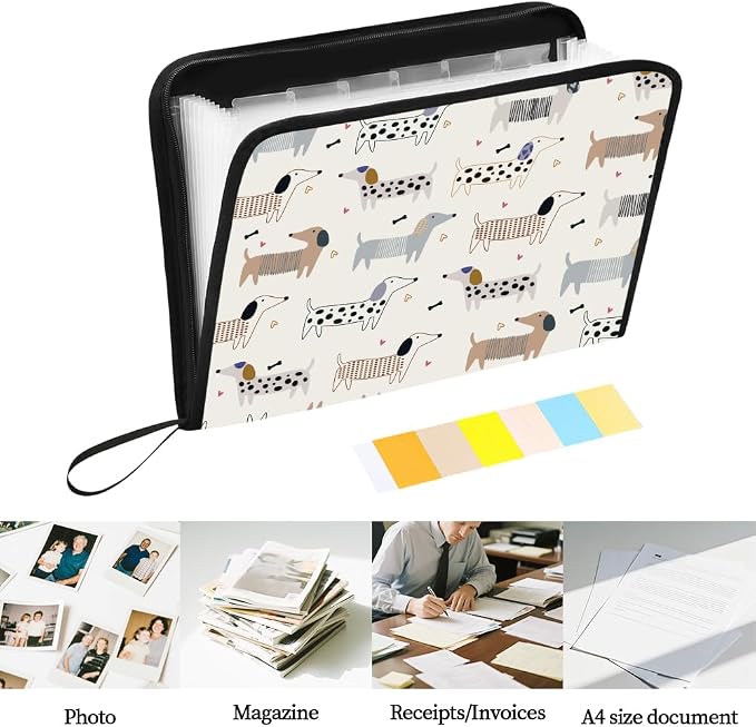 WEBEEDY 13 Pockets Expanding File Folder Cute Dachshund Accordion File Organizer with Labels and Zipper, Adorable Dog Bone Prints Document Organiser Portable for A4 Paper Receipt Paperwork Office