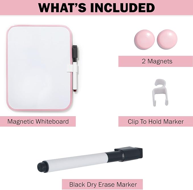 Magnetic Dry Erase Board for School Locker, 6" x 8" Marker and 2 Magnets - Small Whiteboard for Classroom, Home, Office, Travel - Pink