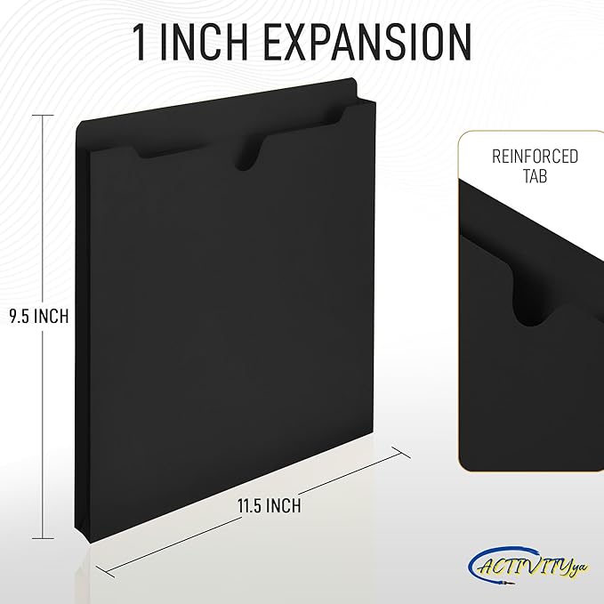 Black File Jackets, 1 Inch Expansion, Letter Size, Reinforced Straight-Cut Tab, 6 Pack