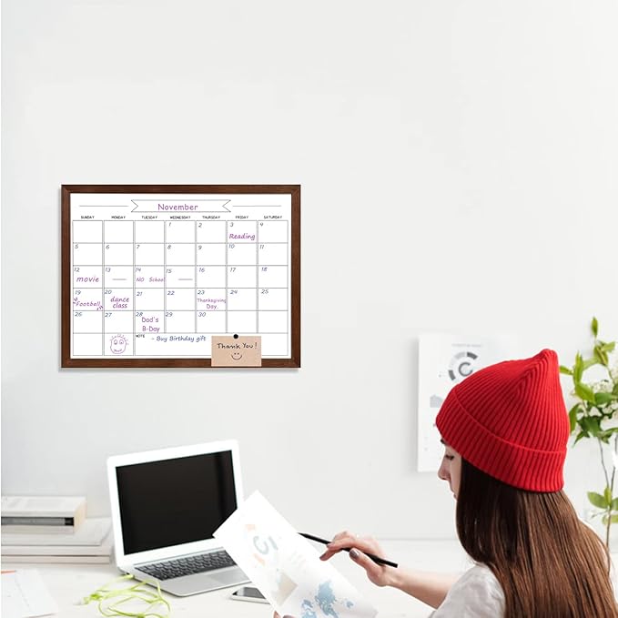 Dry Erase Monthly Calendar Whiteboard, Magnetic Whiteboard for Wall, Hanging Board for Office, Home School, Solid Pine Wood Walnut Brown Framed Message Board, 13"x 17"(YL-WB-3343-B)