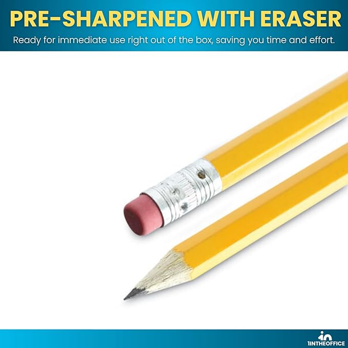 1InTheOffice Pre Sharpened Pencils #2, Pencils with Eraser, 2 HB, Wood-Cased, Black Lead, Yellow Barrel, 288 Pack