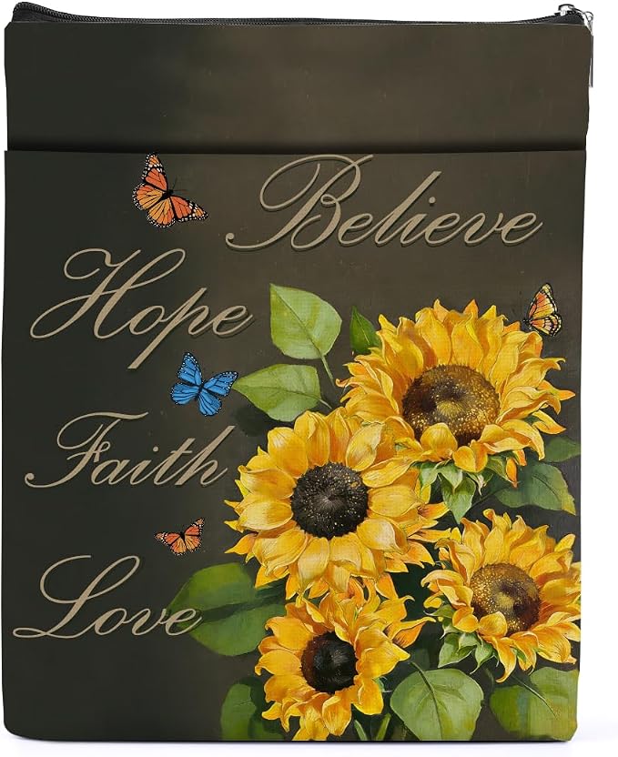 Sunflower Inspirational Book Sleeve, Book Lovers Gifts Sleeve with Zipper & Front Pocket, 11.4x8.8 Inch Canvas Books Cover Protector Bookish Inspirational Gifts for Readers Librarian Women Teacher