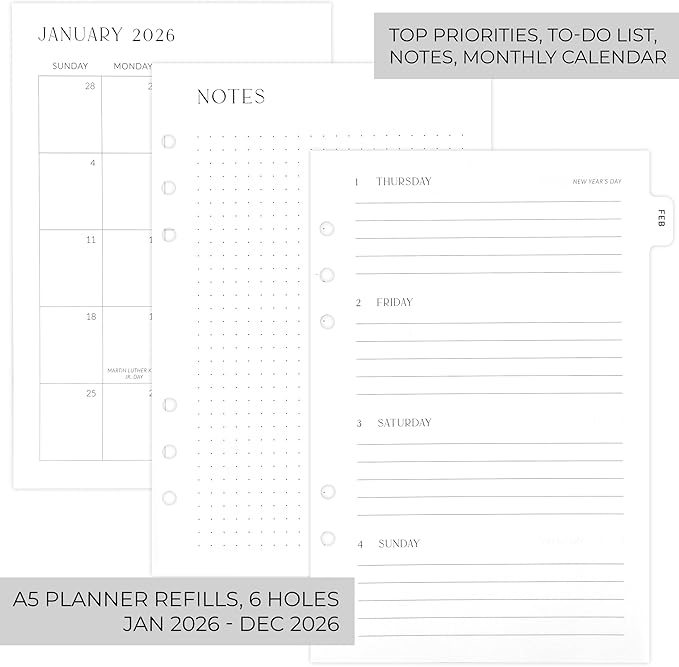 Beautiful 2026 Daily Planner Inserts for 6 Ring Binders – Durable A5 Paper Refill Set 5.5" x 8.3" - Refills Incl. Tabs & Monthly Calendar Spreads - From January 2026 - December 2026