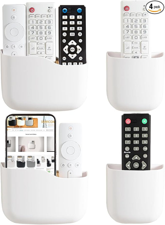 Remote Holder Wall Mount TV FAN Remote Control Holder Bedside Caddy Wall Organizer Phone Holder for Office Adhesive Media Player Controller Holder Box Tray Home Desk Nightstand 2 BIG 2 SMALL WHITE