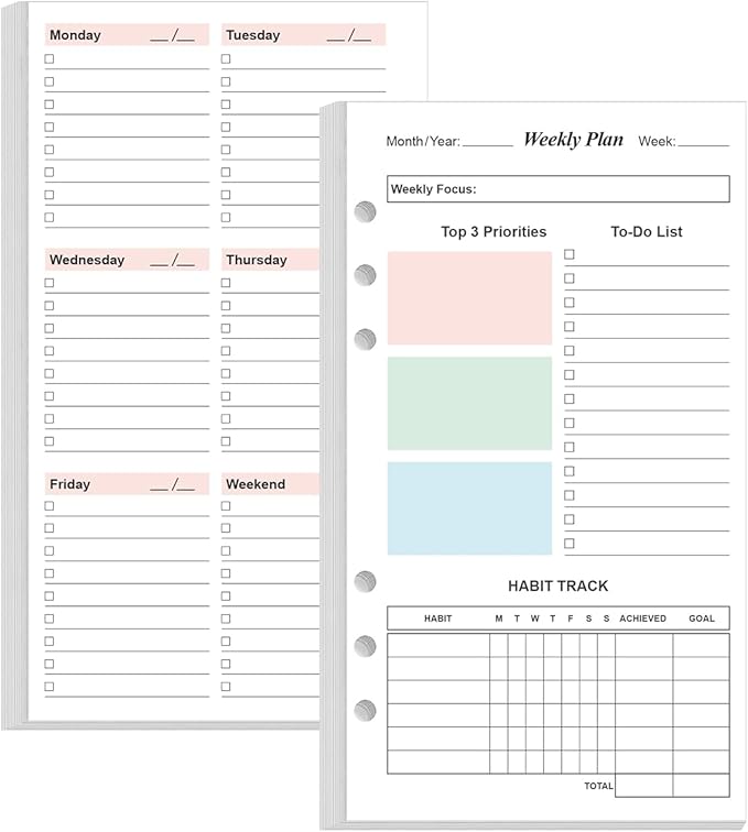A6 Weekly Planner Refills for Filofax Personal Binders, 53 Sheets/106 Pages Undated Colorful Weekly Planner, 6-Hole Punched, 100 gsm White Paper, Last 1 Year, 3.75" x 6.75"