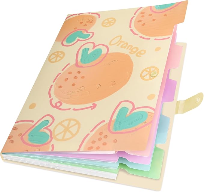 Cute Expanding File Folder Fruit Series - 5 Pockets Accordion Document Organizer, Waterproof Poly Plastic, A4/Letter Size for School Office Home (Juicy Orange)